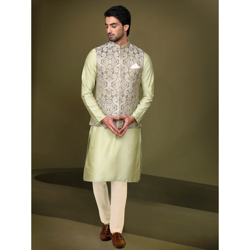 KISAH Men Olive Kurta Jacket Trouser Set (Set of 3) (44)
