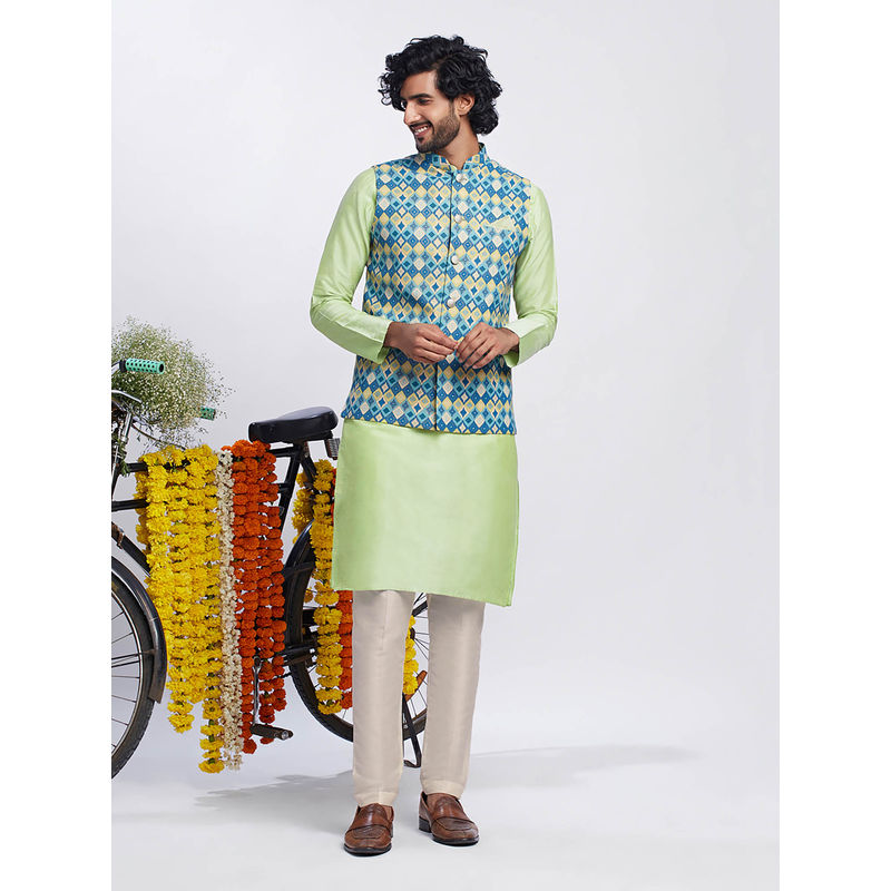 KISAH Men Blue Kurta Jacket Trouser Set (Set of 3) (38)