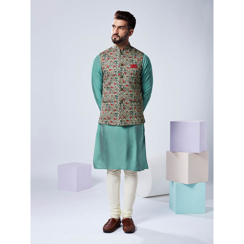 KISAH Men Multi Coloured Printed Cotton Blend Kurta Jacket Churidar Set (42)
