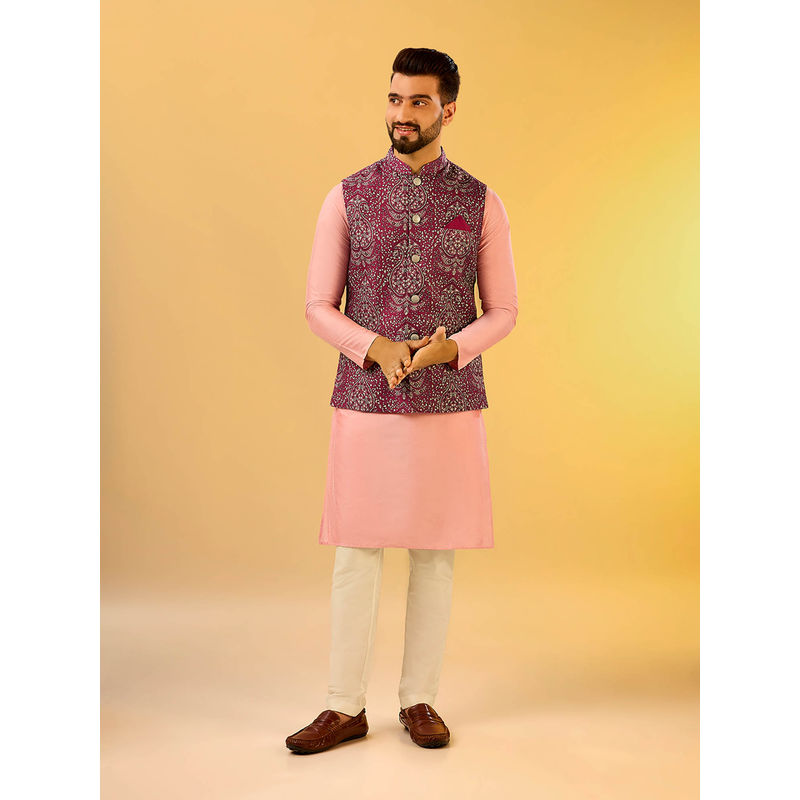 KISAH Men Wine Kurta Jacket Trouser Set (Set of 3) (38)