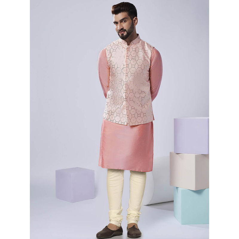 KISAH Men Pink Kurta Jacket Churidar Set (Set of 3) (38)