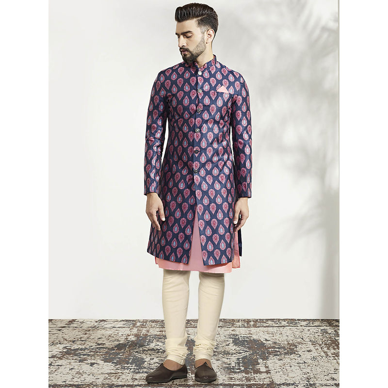 KISAH Men Blue Kurta Sherwani Churidar Set (Set of 3) (42)