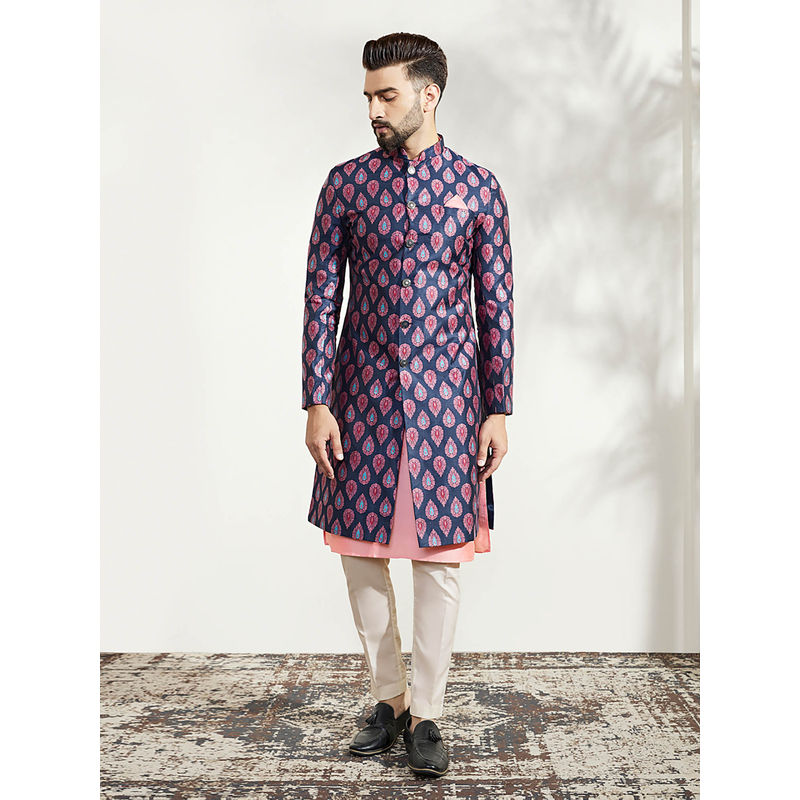KISAH Men Blue Kurta Sherwani Trouser Set (Set of 3) (38)