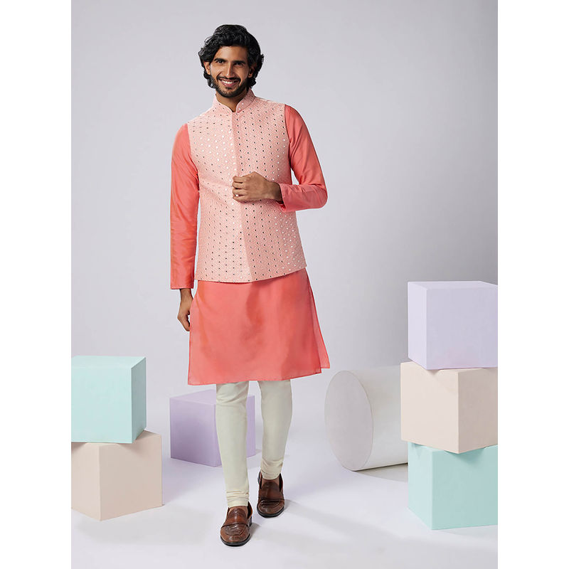 KISAH Men Pink Kurta Jacket Churidar Set (Set of 3) (42)