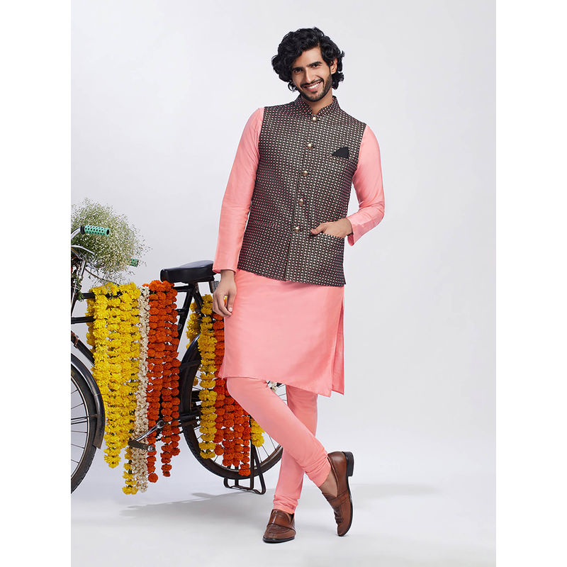 KISAH Men Black Kurta Jacket Churidar Set (Set of 3) (38)