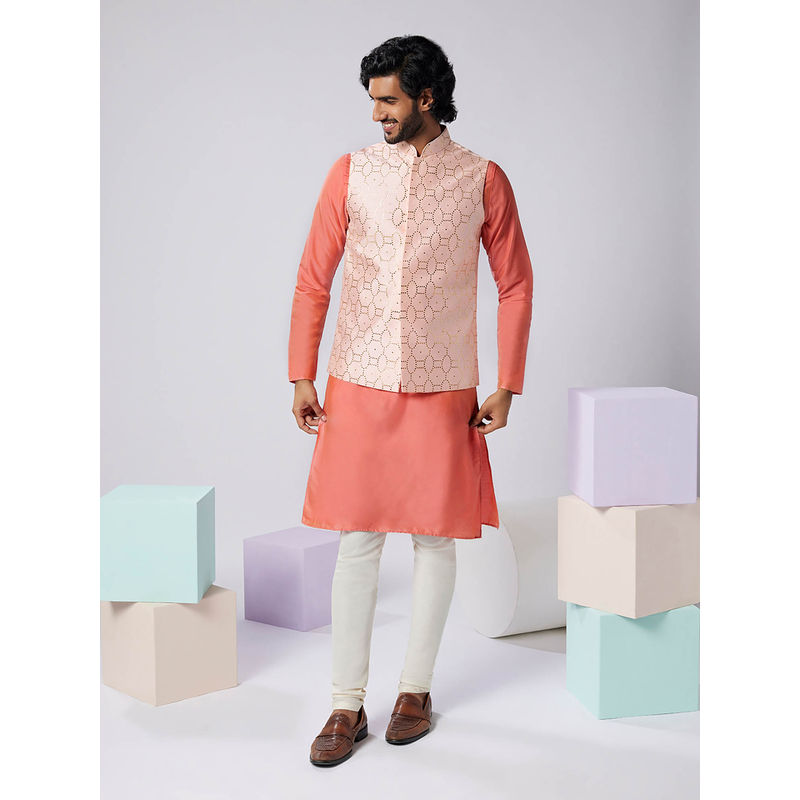 KISAH Men Pink Kurta Jacket Churidar Set (Set of 3) (40)
