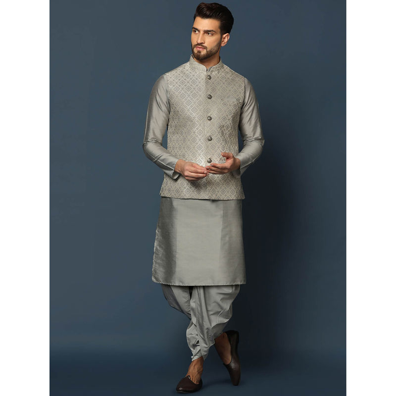 KISAH Men Grey Kurta Jacket Dhoti Set (Set of 3) (38)