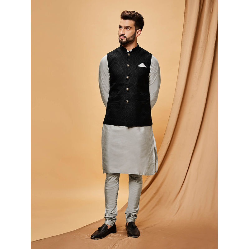KISAH Men Black Woven Silk Blend Jacquard Kurta Jacket Churidar Set with Ethnic Motifs (38)