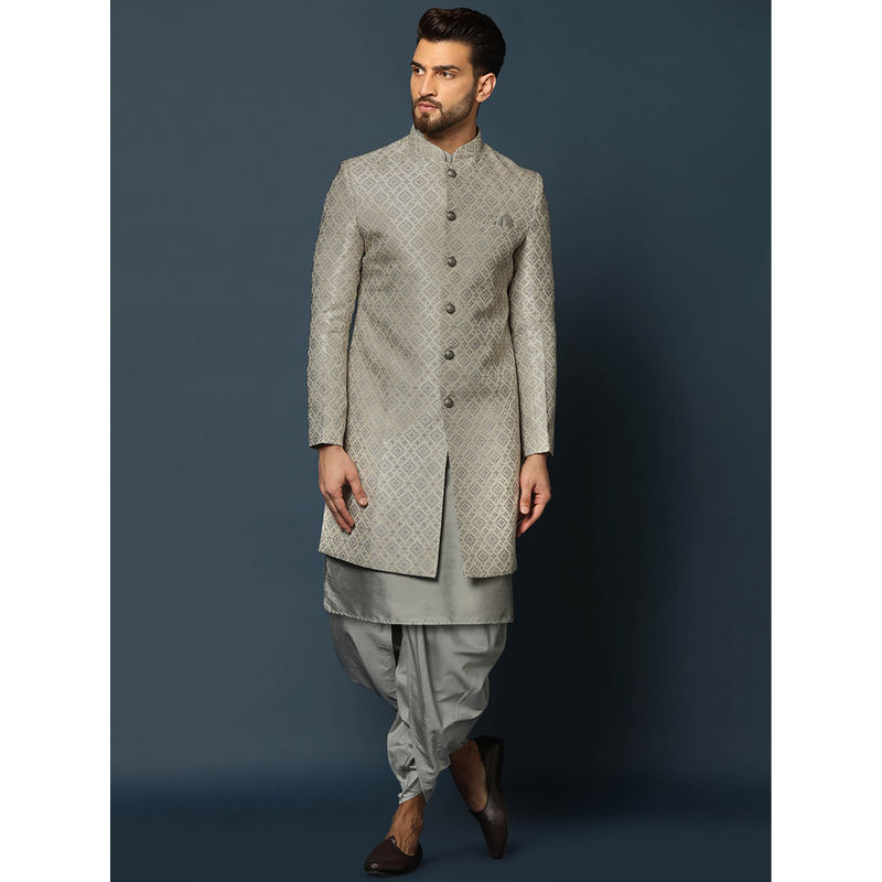 KISAH Men Grey Kurta Sherwani Dhoti Pant (Set of 3) (42)