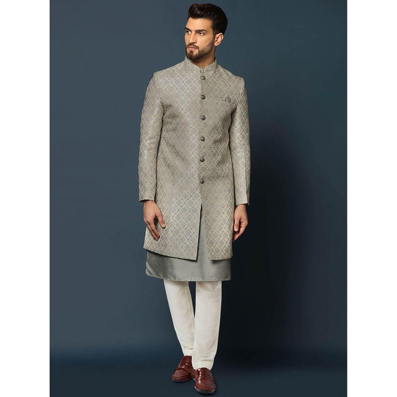 KISAH Men Grey Kurta Sherwani Trouser (Set of 3) (44)