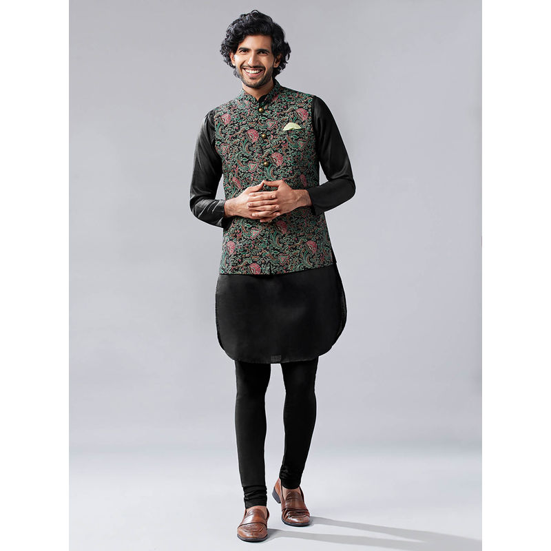 KISAH Men Black Kurta Printed Nehru Jacket Churidar Set (Set of 3) (42)