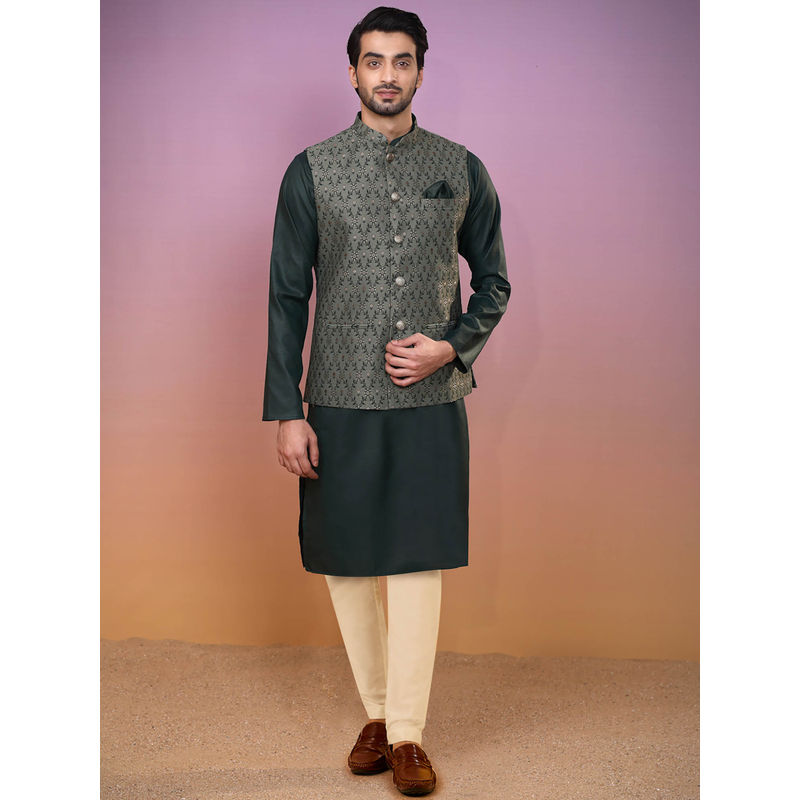 KISAH Men Green Kurta Jacket Trouser (Set of 3) (44)