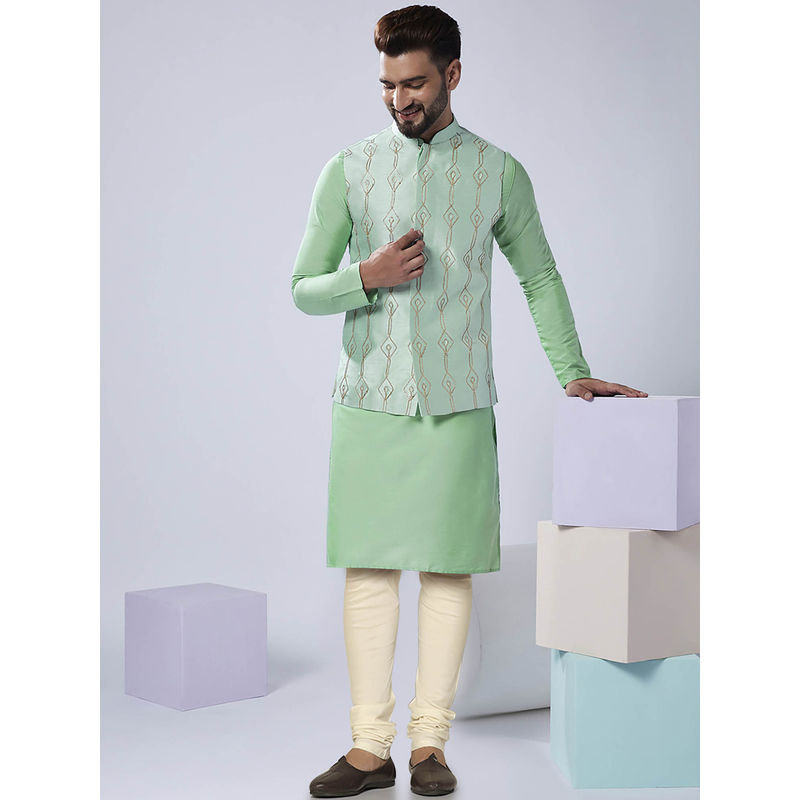 KISAH Men Green Kurta Jacket Churidar Set (Set of 3) (38)