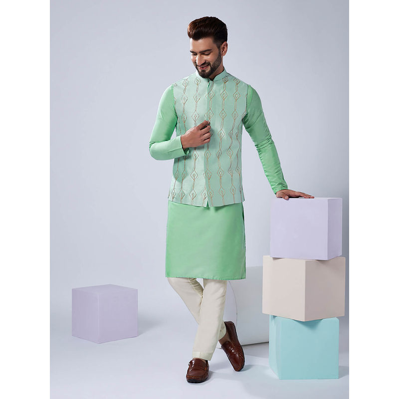 KISAH Men Green Kurta Jacket Trouser Set (Set of 3) (38)