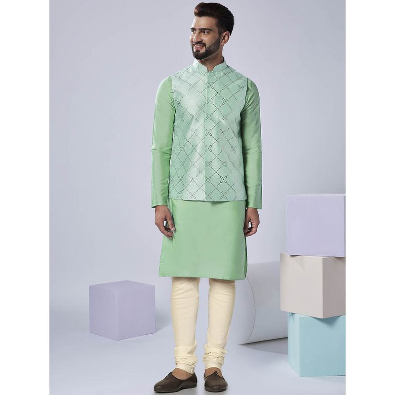 KISAH Men Green Kurta Jacket Churidar Set (Set of 3) (38)
