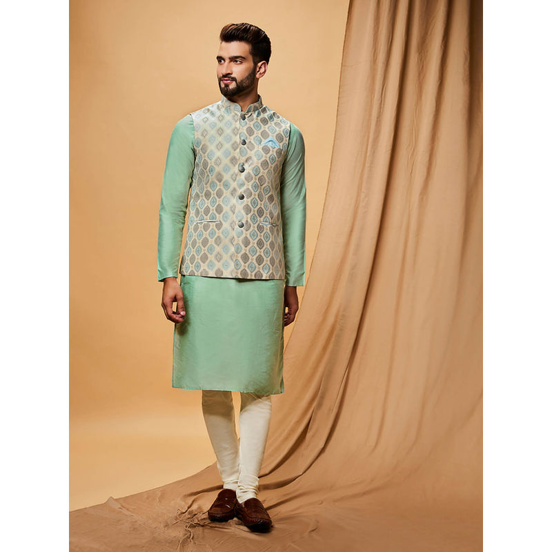 KISAH Men Off White Kurta Jacket Churidar Set (Set of 3) (38)