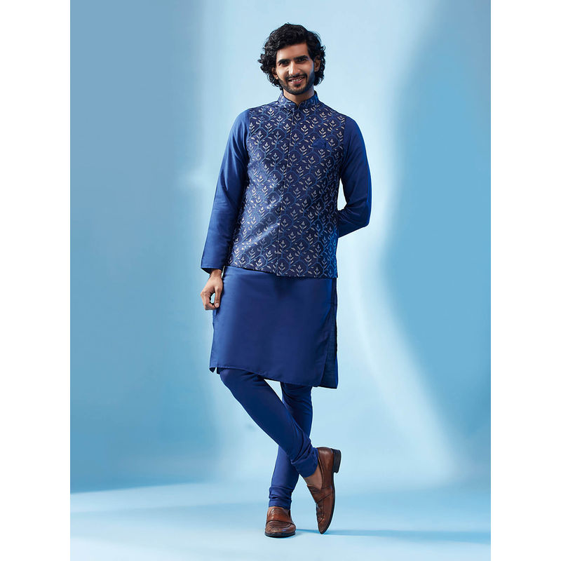 KISAH Men Navy Blue Kurta Jacket Churidar Set (Set of 3) (38)