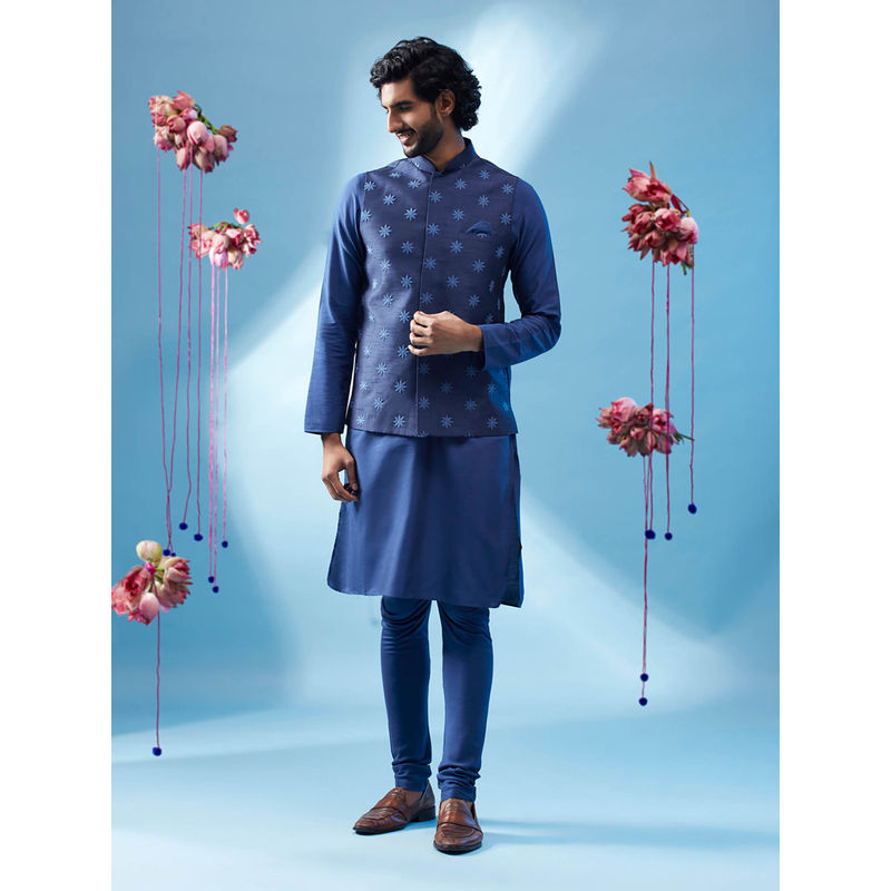 KISAH Men Navy Blue Kurta Jacket Churidar Set (Set of 3) (38)