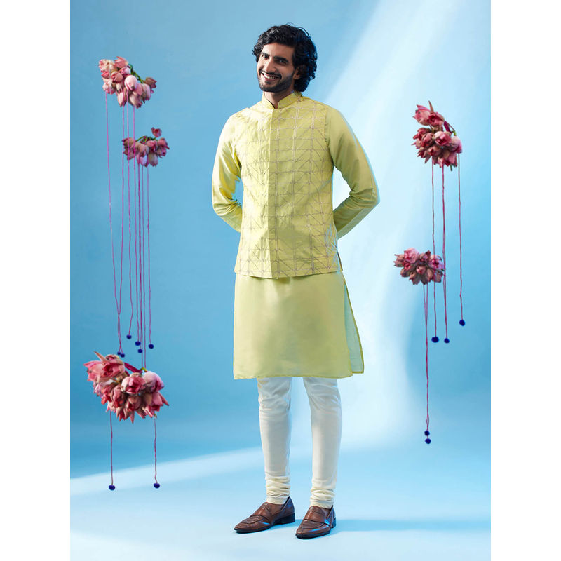 KISAH Men Green Kurta Jacket Churidar Set (Set of 3) (40)