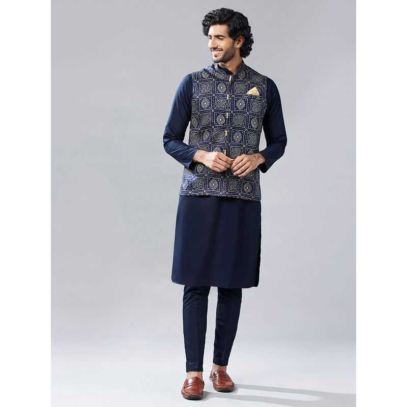 KISAH Men Navy Blue Kurta Jacket Trouser Set (Set of 3) (38)