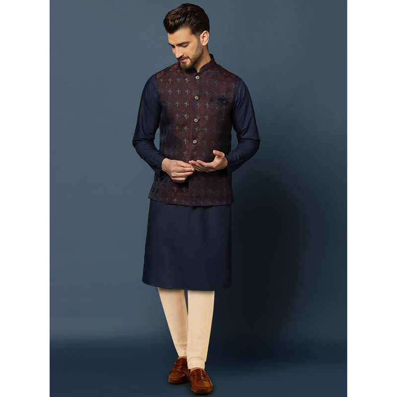 KISAH Men Maroon Kurta Jacket Trouser Set (Set of 3) (42)