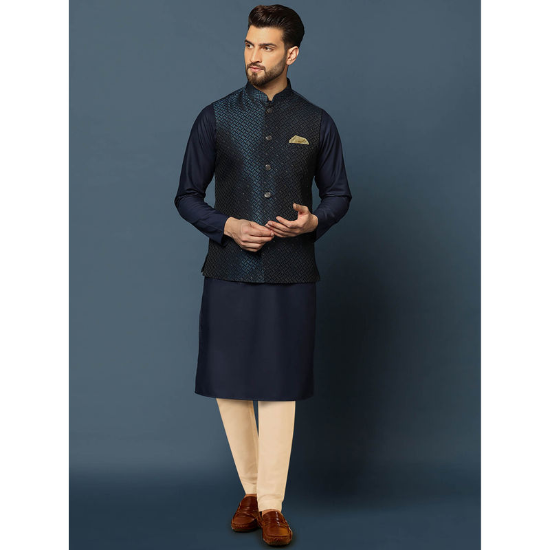KISAH Men Blue Kurta Jacket Trouser (Set of 3) (38)