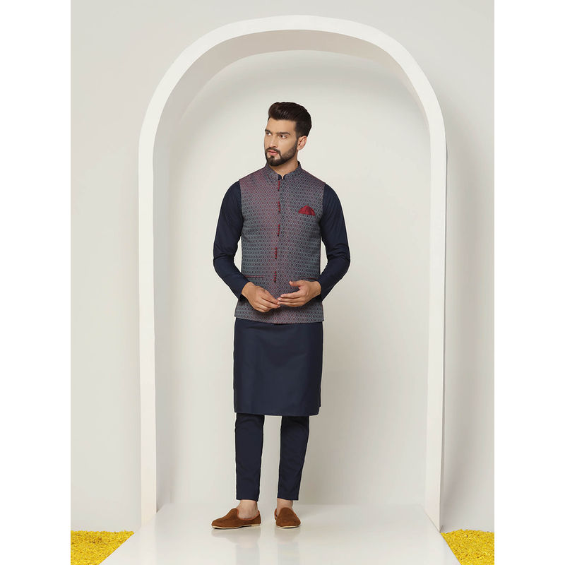 KISAH Men Blue Textured Silk Blend Jacquard Kurta Jacket Trouser Set with Gundi Buttons (38)