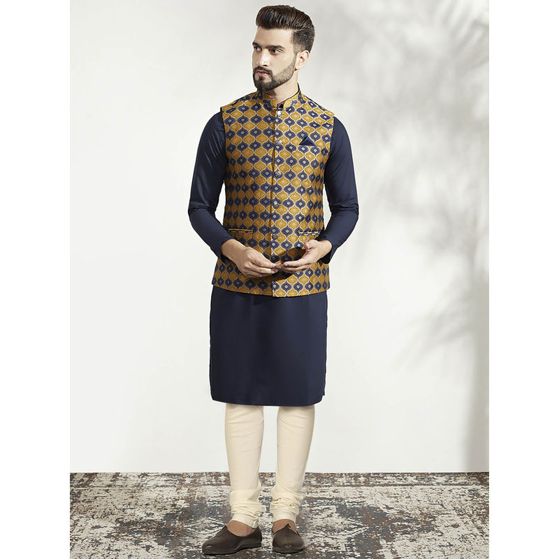 KISAH Men Mustard Kurta Jacket Churidar Set (Set of 3) (38)