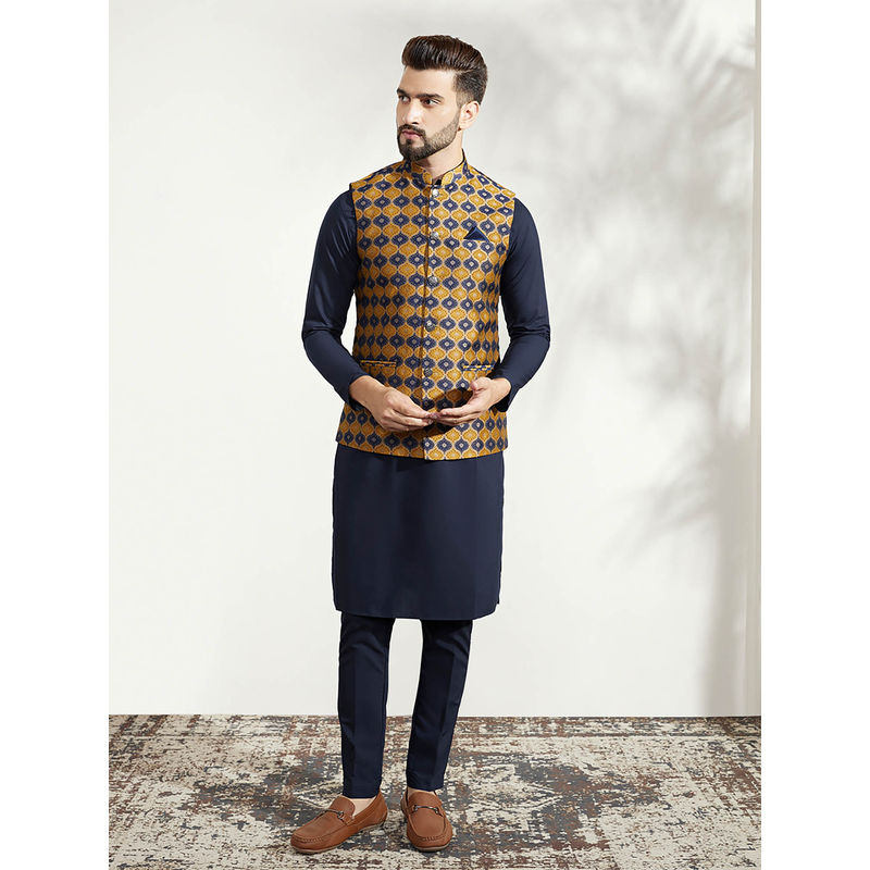 KISAH Men Mustard Kurta Jacket Trouser Set (Set of 3) (38)