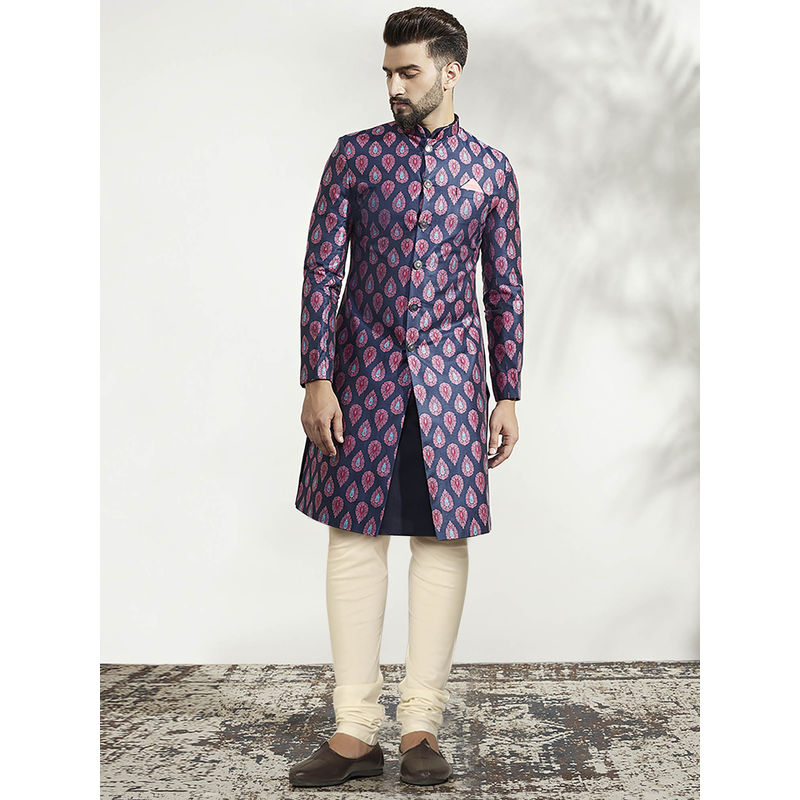 KISAH Men Blue Kurta Sherwani Churidar Set (Set of 3) (38)
