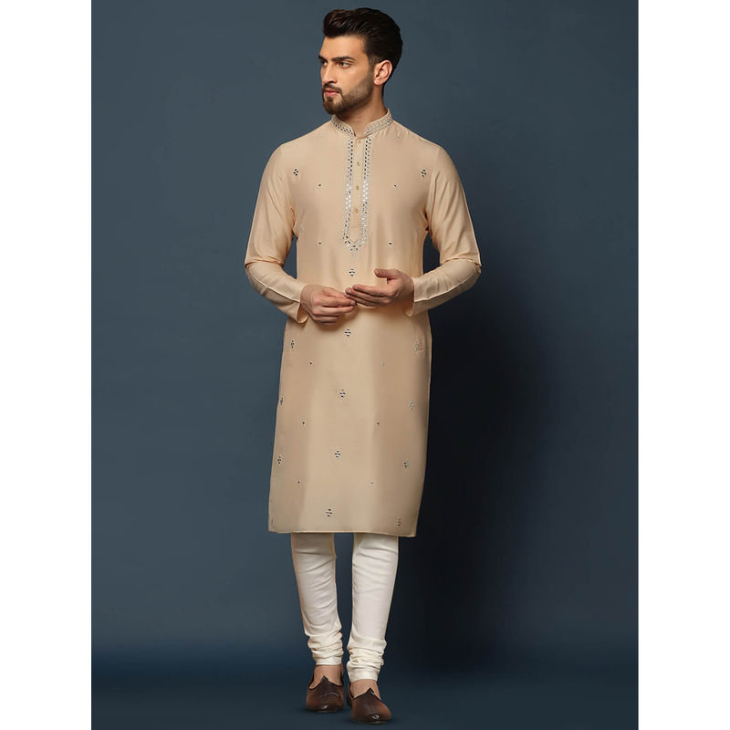 KISAH Men Peach Mirror Work Embroidery Cotton Blend Kurta Churidar Set with Abstract Print (40)