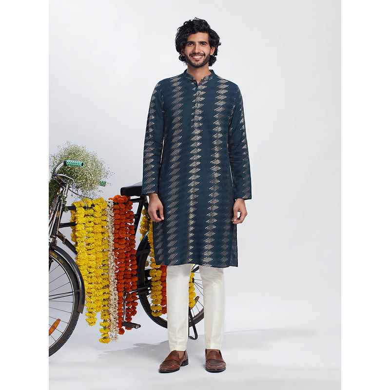 KISAH Men Navy Blue Kurta Trousers (Set of 2) (40)