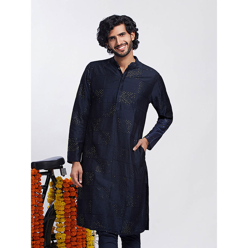 KISAH Men Navy Blue Solid, Textured Cotton Blend Kurta with Abstract Print (38)