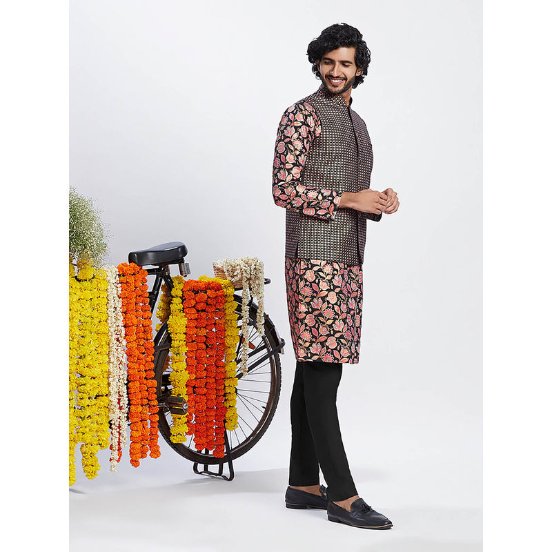 KISAH Men Black Kurta Jacket Trouser Set (Set of 3) (40)
