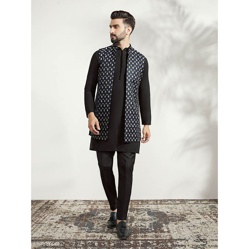KISAH Men Black Woven Silk Blend Jacquard Kurta Jacket Trouser Set with Floral Design (42)