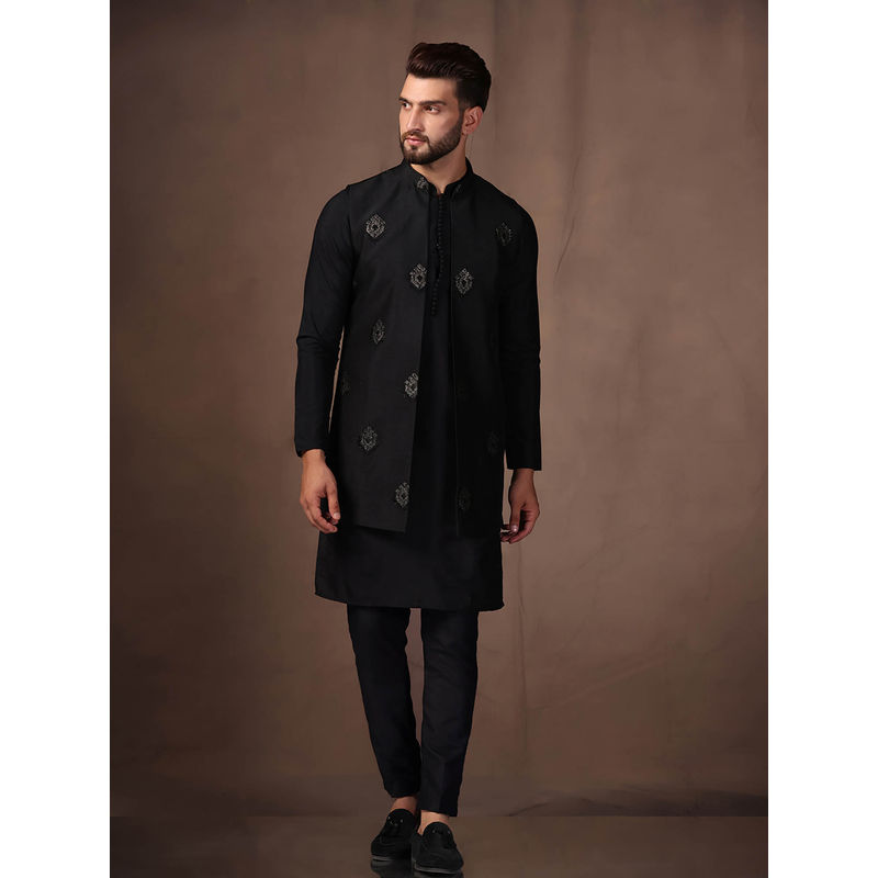 KISAH Men Black Kurta Jacket Trouser Set (Set of 3) (44)
