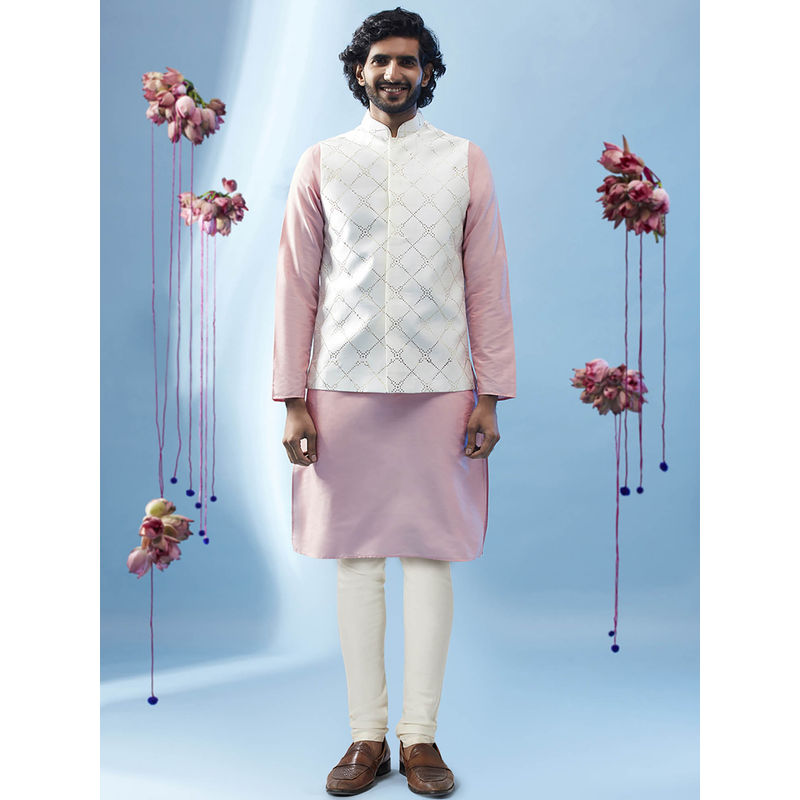 KISAH Men White Kurta Jacket Churidar Set (Set of 3) (38)