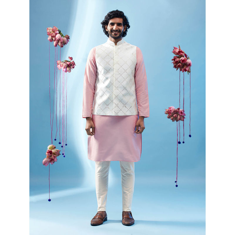 KISAH Men White Kurta Jacket Trouser Set (Set of 3) (40)