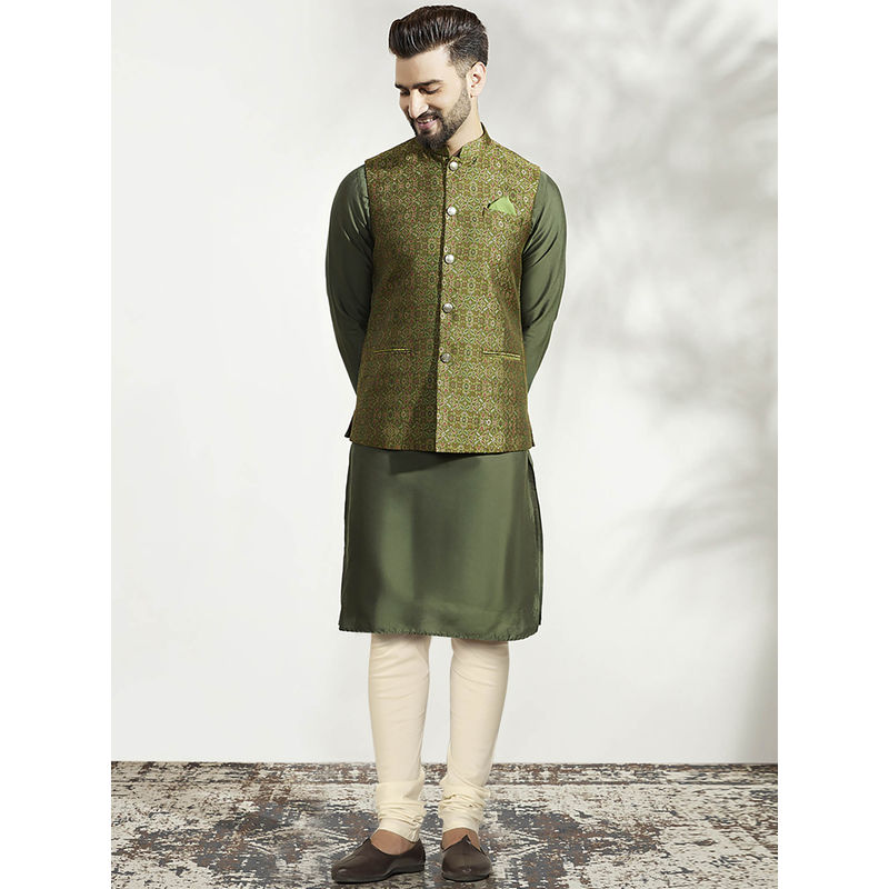 KISAH Men Olive Kurta Jacket Churidar Set (Set of 3) (40)