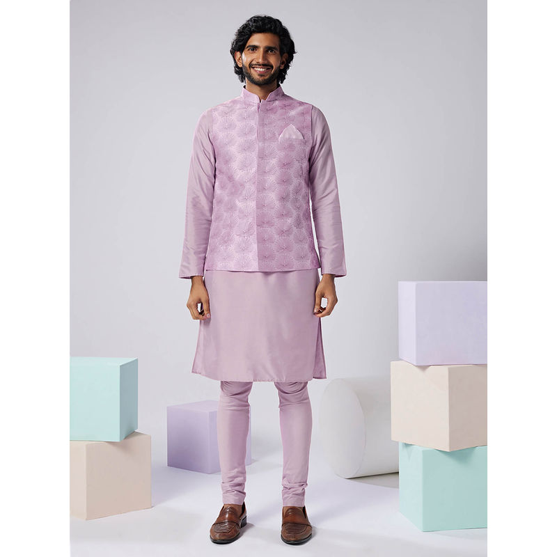 KISAH Men Lilac Embroidery Silk Blend Kurta Jacket Churidar Set with Abstract Print (38)