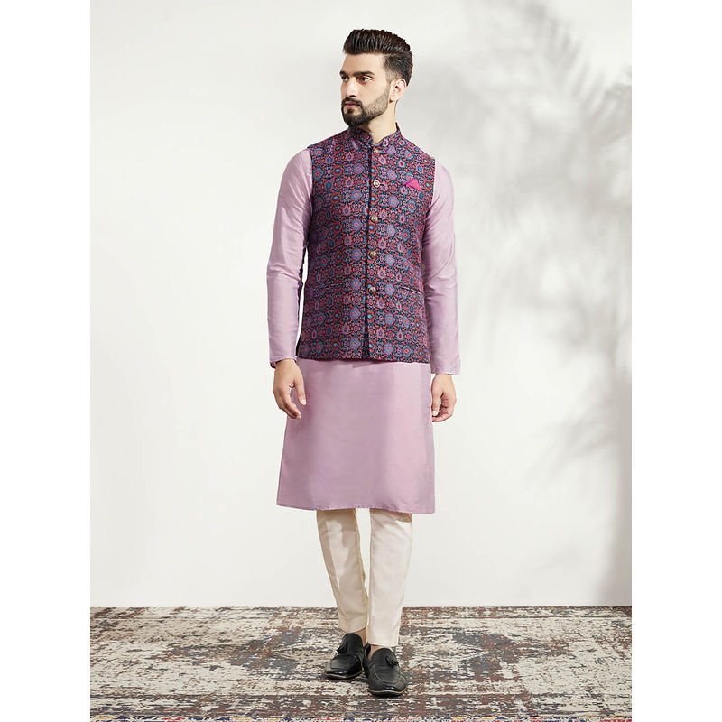 KISAH Men Multi Coloured Woven Silk Blend Jacquard Kurta Jacket Trouser Set with Abstract Print (42)
