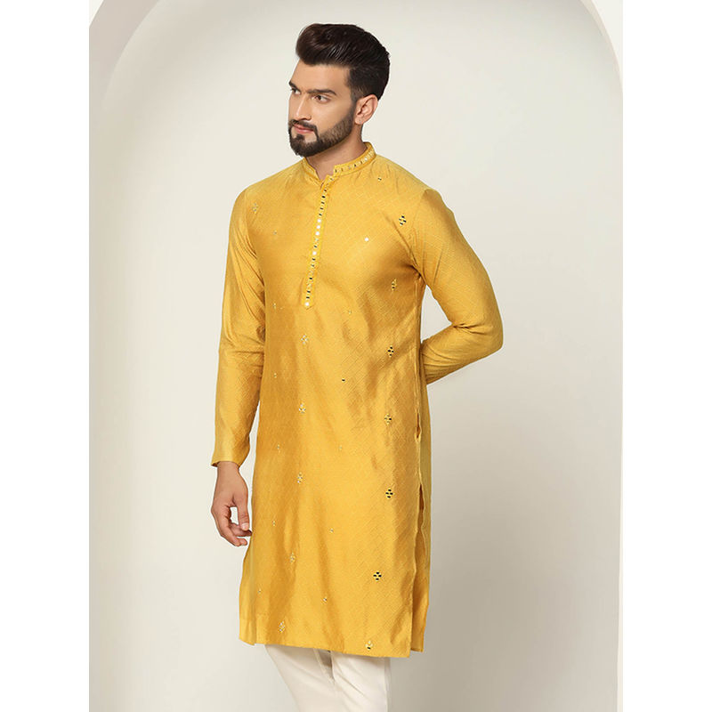 KISAH Men Mustard Yellow Mirror Work Embroidery Silk Blend Jacquard Kurta with Abstract Print (38)
