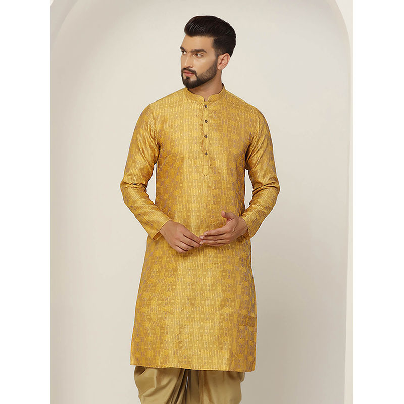 KISAH Men Mustard Yellow Textured Silk Blend Jacquard Kurta with Abstract Print (40)