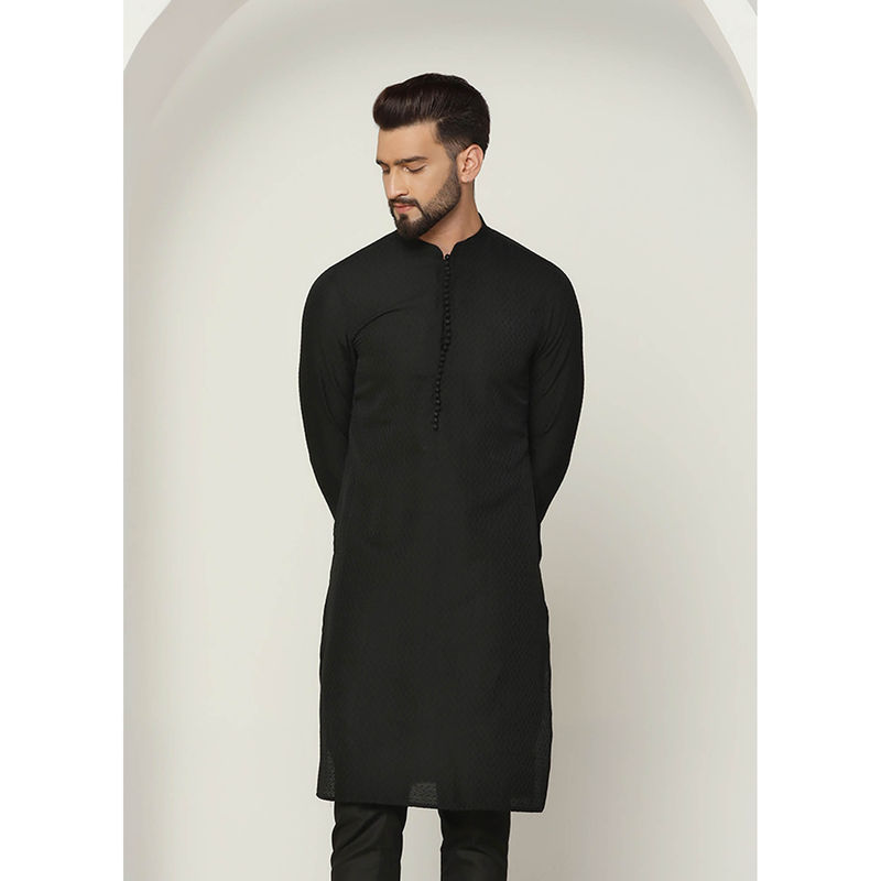 KISAH Men Black Textured Silk Blend Jacquard Kurta with Abstract Print (38)