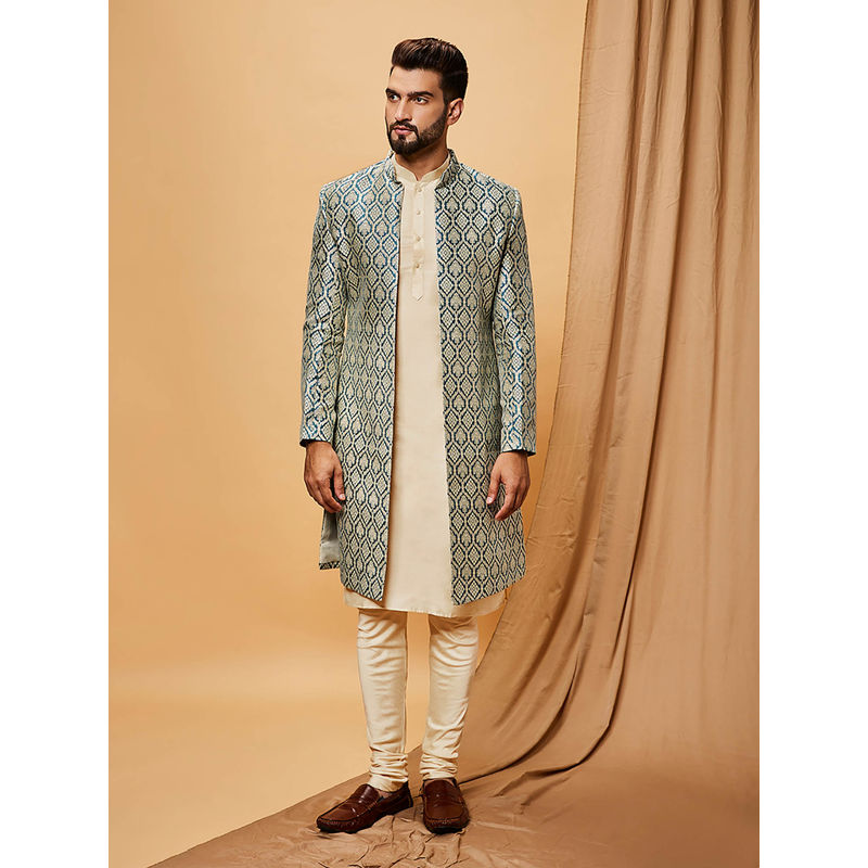 KISAH Men Blue Kurta Sherwani Churidar Set (Set of 3) (44)