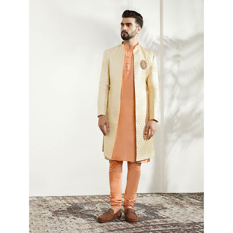 KISAH Men Off White Kurta Sherwani Churidar Set (Set of 3) (42)
