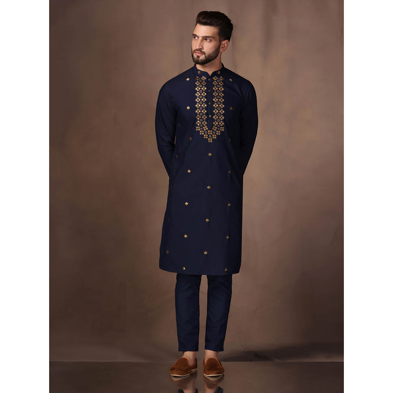 KISAH Men Navy Blue Kurta Trousers (Set of 2) (40)