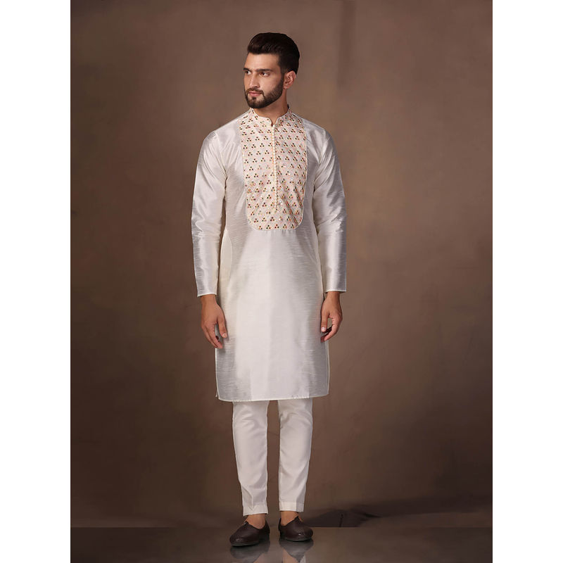 KISAH Men Multi Coloured Mirror Work Embroidery Silk Blend Kurta Trouser Set with Abstract Print (38)