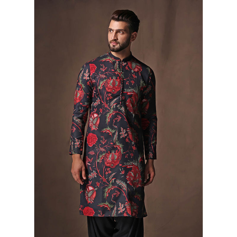 KISAH Men Black Printed Cotton Blend Kurta with Abstract Print (38)