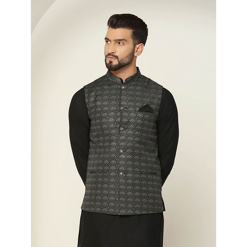 KISAH Men Black Woven Silk Blend Jacquard Nehru Jacket with Geometric Pattern (40)